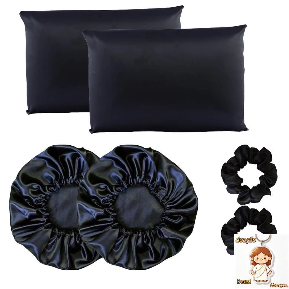 Kit completo cetim anti frizz 2 fronhas + 2 touca+ 2 scrunchie