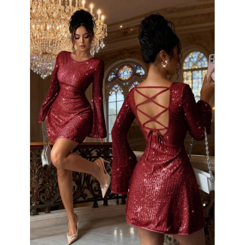 Primavera verão novo estilo moda Slim-fit Halter tiras lantejoulas vestido de manga comprida