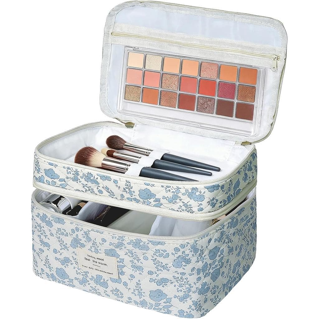 Bolsa de Maquiagem Floral Acolchoada Gosect, Bolsa de Cosméticos de Grande Capacidade com Compartimentos, Bolsa de Higie