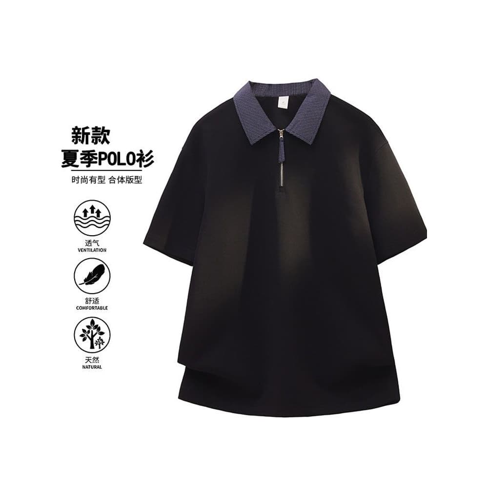 Americano verificação costura falso camiseta de duas peças masculina verão Retro solto meio zíper de manga curta Street