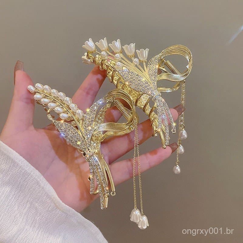 Grampo De Cabelo De Luxo Cristal De Trigo Tulipa Captura Para Mulher Acessórios Pérola
