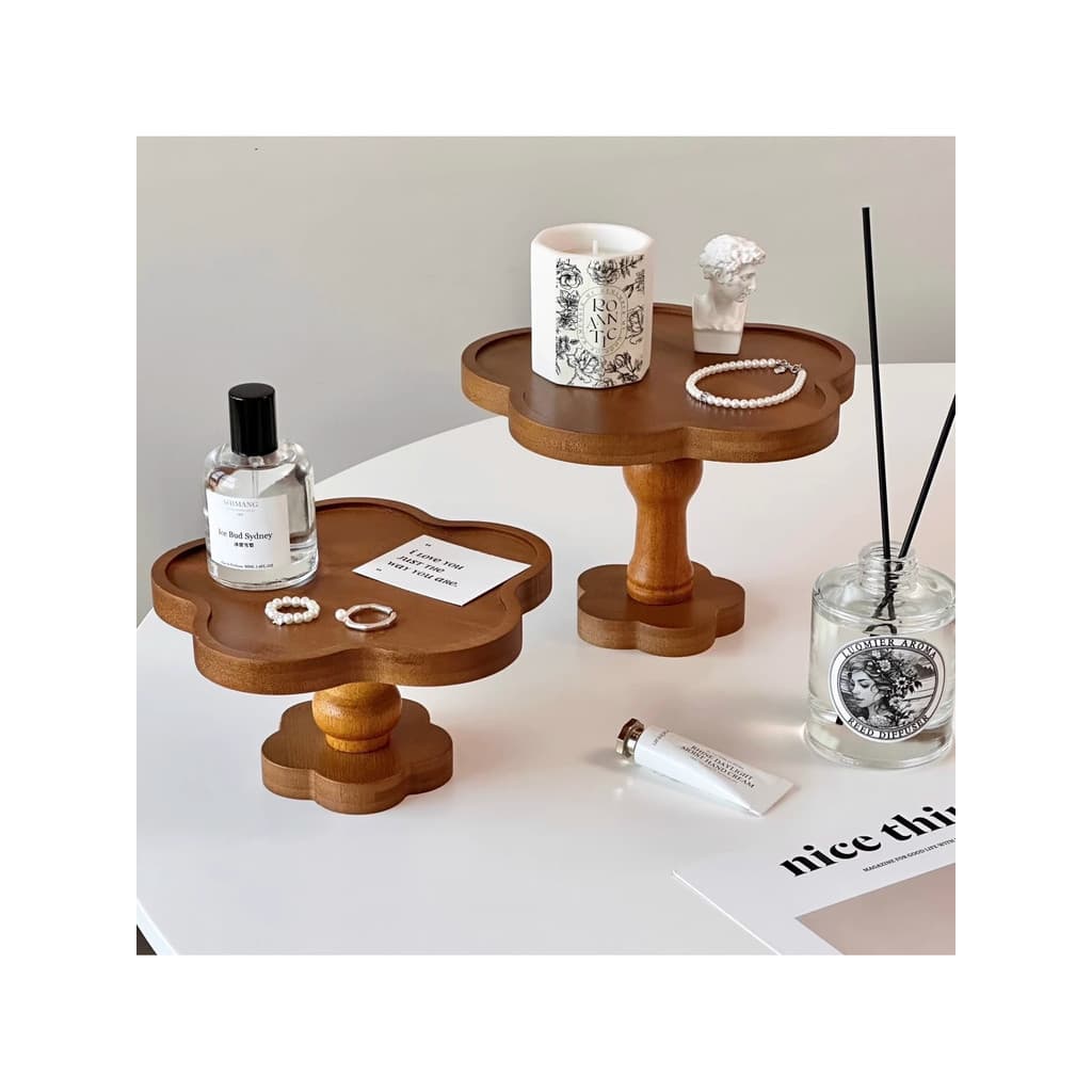 Bandeja de madeira retrô em forma de flor, bandeja de sobremesa, bolo de chá da tarde, vela perfumada, bandeja de joias