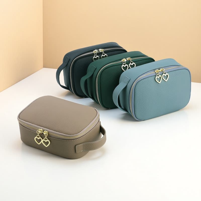 Bolsa cosmética de couro genuíno genuíno, grande capacidade, zíper, bolsa de higiene pessoal, viagens de negócios, cuida