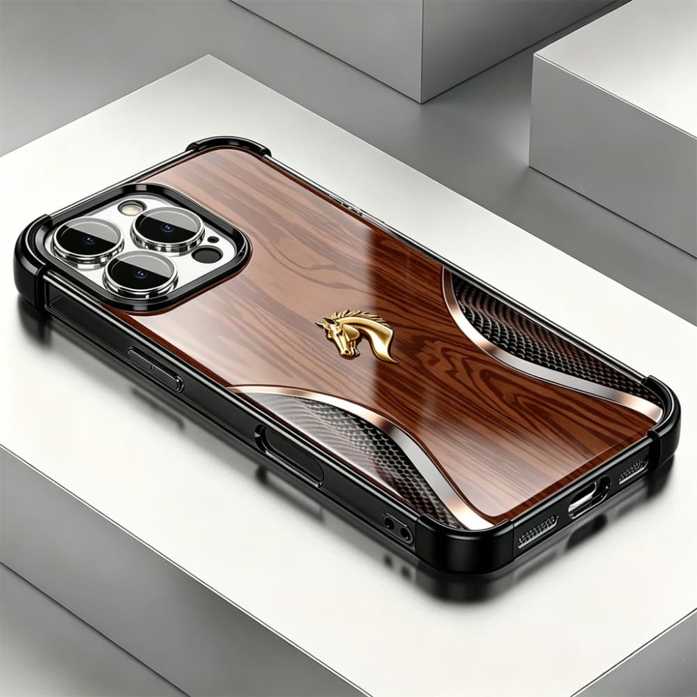 Verniz Gloss madeira cavalo Capa Capinha Para iPhone 16 15 14 Plus 13 12 11 Pro Max 2 Em 1 Quatro Cantos Anti-Queda