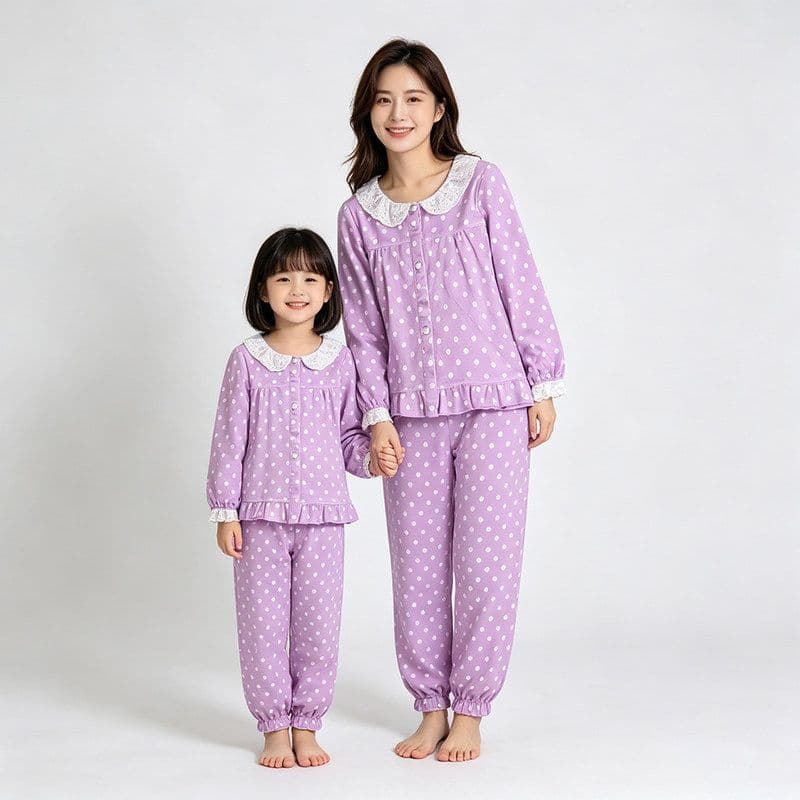 Bedoha pai-filho usar duas peças Homewear bolinhas primavera outono meninas senhoras calças de manga comprida cartão