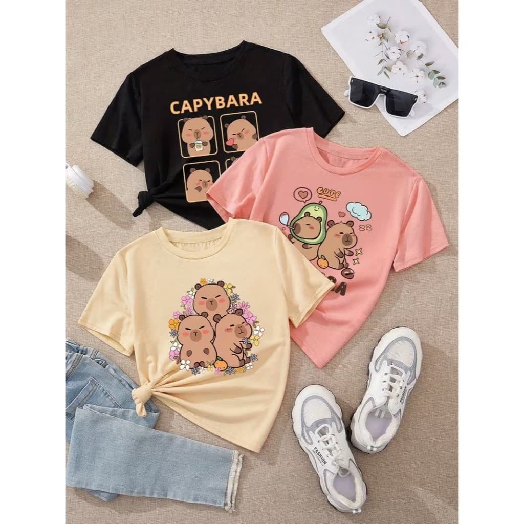 Kit 3 Camisetas Infantis Capivara Blusinha Algodão Feminina Divertida Manga Curta
