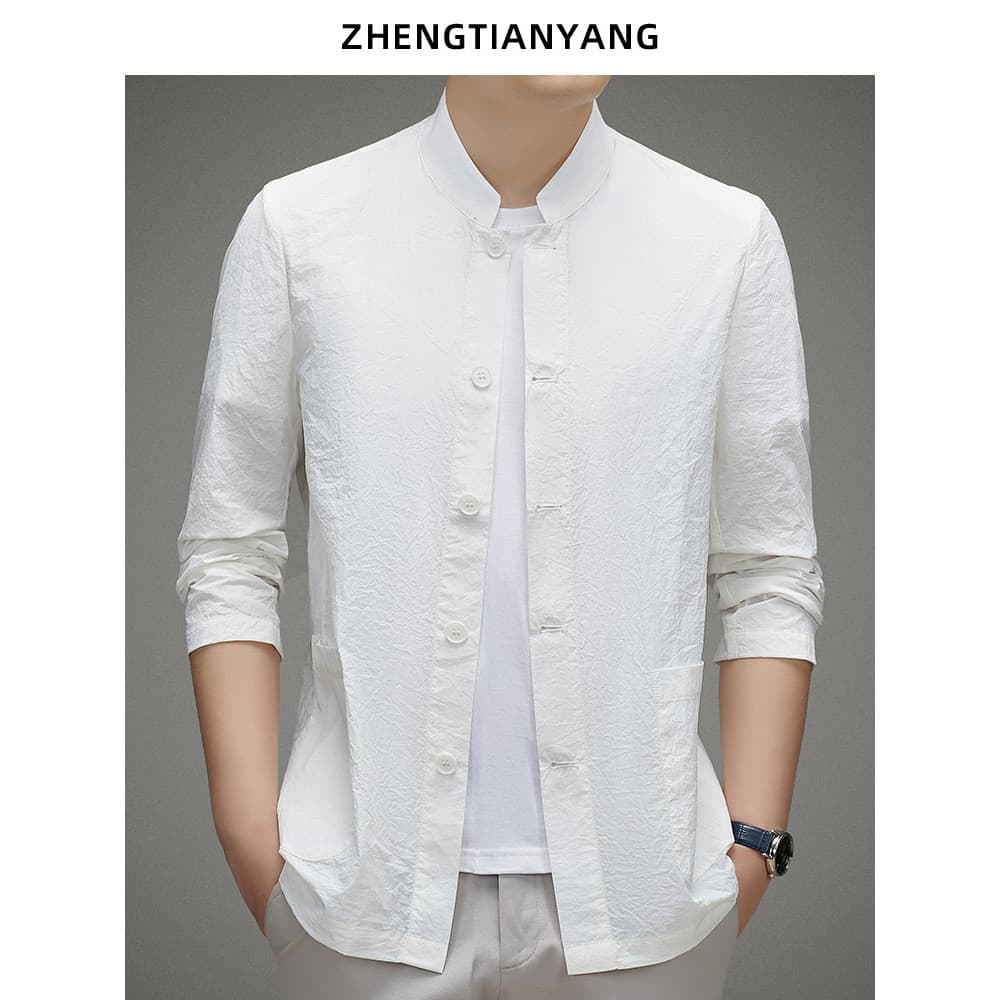 Roupas de proteção solar masculinas estilo chinês roupas casuais de proteção solar verão gola de seda gelada roupas leve