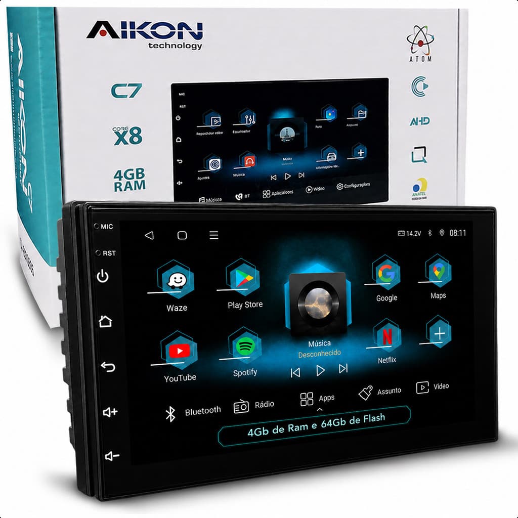 Central Multimídia Aikon Android Carplay Android Auto Octacore WiFi GPS 2 Din 4GB 64GB Bluetooth