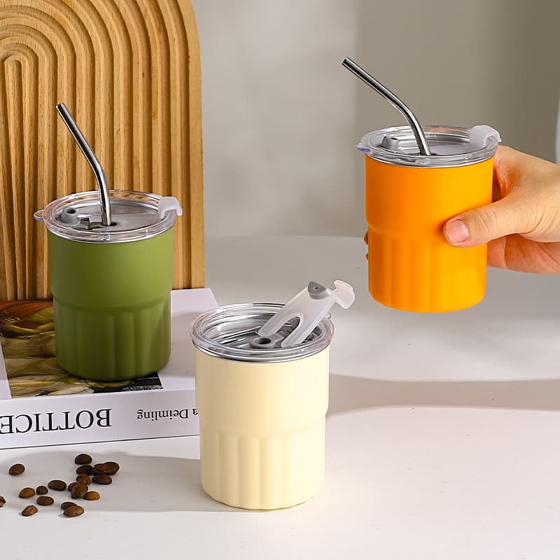 304 copo de aço inoxidável gelado americano xícara de café escritório copo de água com tampa simples de palha copo
