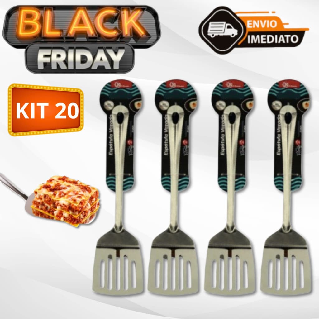 Kit 20 Espátula Vazada para Fritura Em Aço Inox 25,8cm