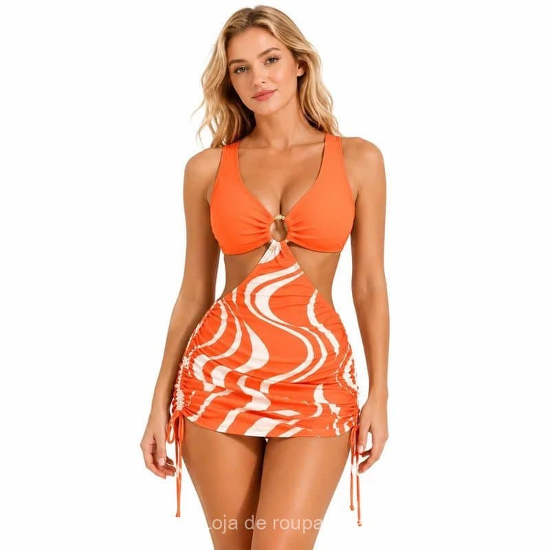 Conjunto de Biquíni Feminino de Duas Peças Laranja com Estampa Ondulada, Top com Recorte Frontal em Anel e Saia Franzida