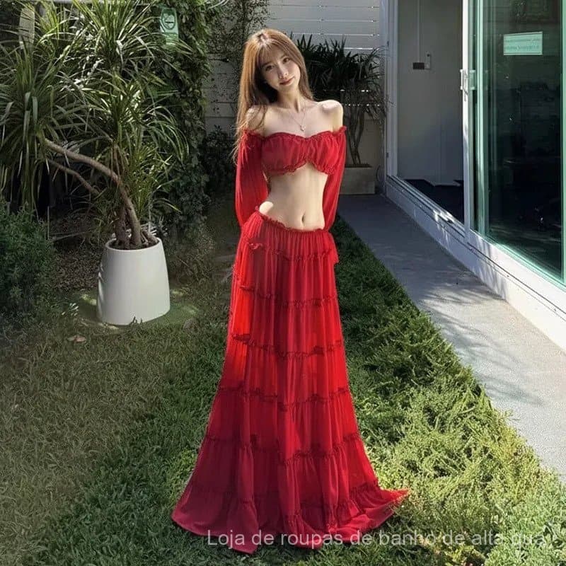 Biquíni Feminino de Duas Peças para Praia e Férias, Estilo Francês, Ombro Único, com Babado, para Termas