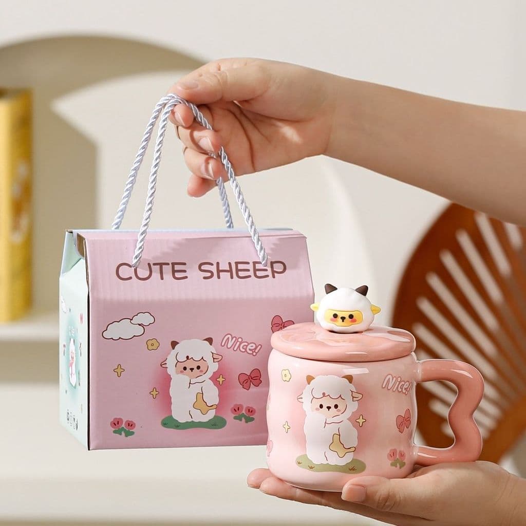 Copo de cerâmica de cordeiro fofo de alto valor, presente de aniversário para meninas, caneca com tampa, copo de água pa