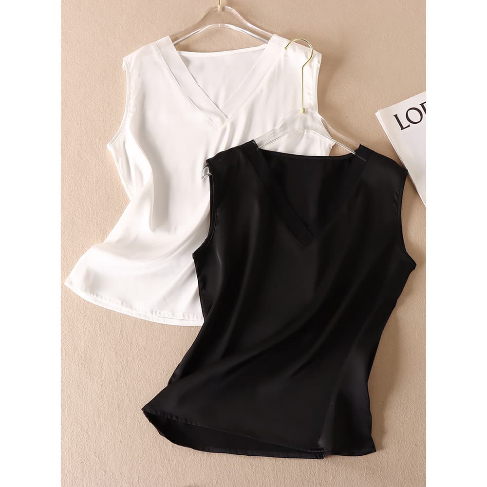 Simples suave ~ verão legal simulação colete de seda feminino sedoso macio com decote em V pulôver sem mangas Bottoming