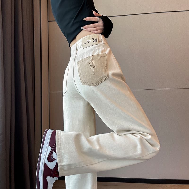 Calças jeans de perna larga off-white para mulheres, novo estilo de primavera, estilo americano de alta moda, calças ret