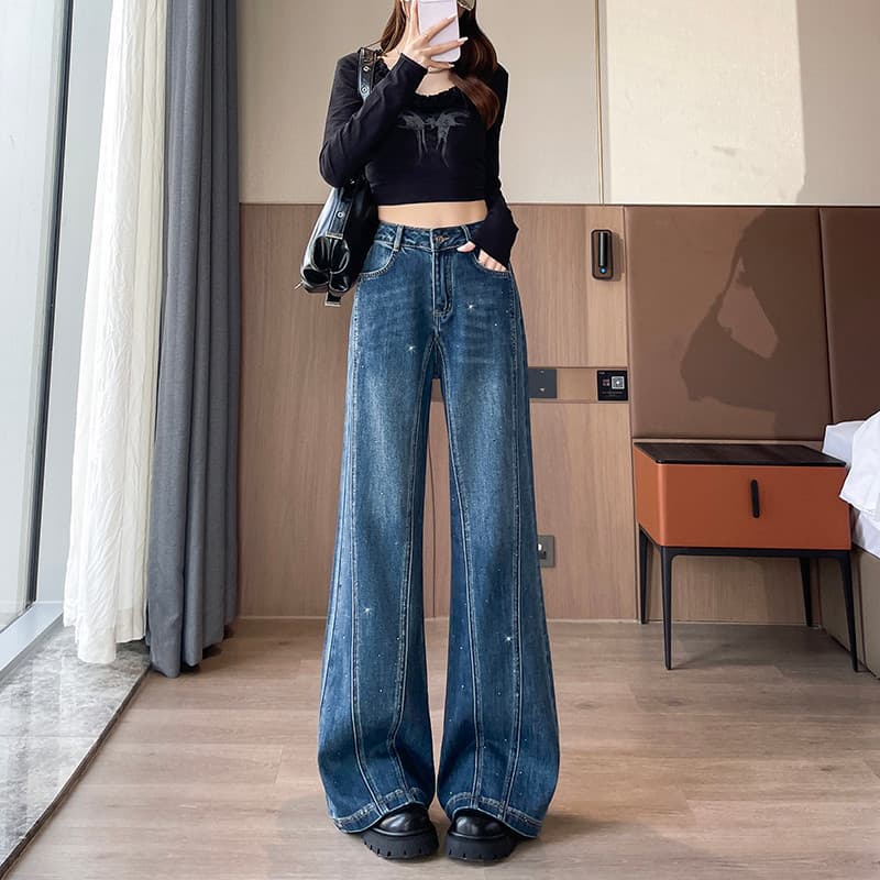 Estilo americano início da primavera novo estilo perna larga quente diamante Gypsophila Jeans feminino