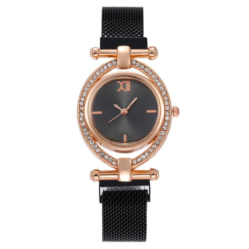 Relógio feminino Oval cravejado de diamantes, relógio feminino com ímã absorvente de ferro, relógio de quartzo de ferro