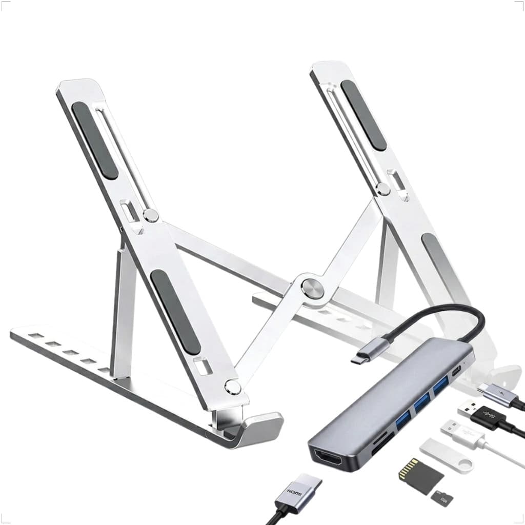 Kit Escritório: Hub USB-C 7em1 HDMI 4K USB 3.0 SD PD + Suporte Notebook Alumínio Dobrável Ergonômico