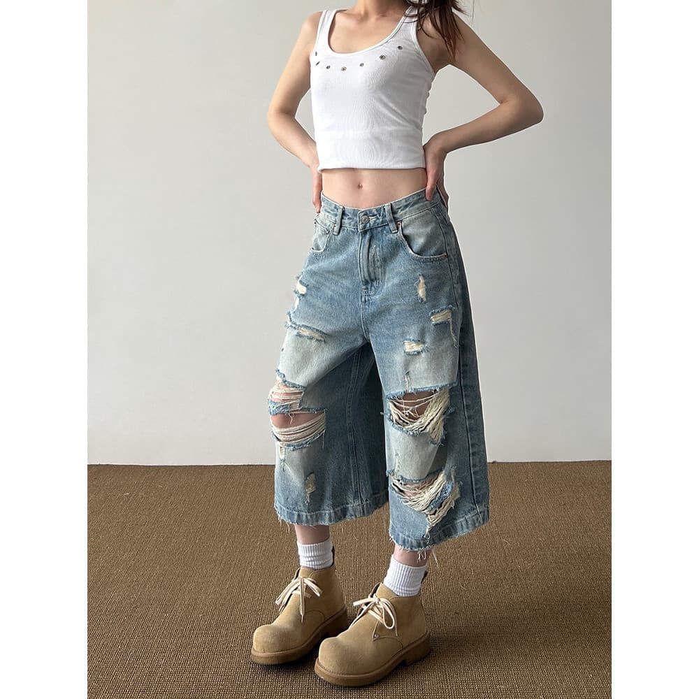 Estilo americano lavado rasgado Denim calças cortadas dos homens verão estilo fino respirável hipop Wear solto Casual ca