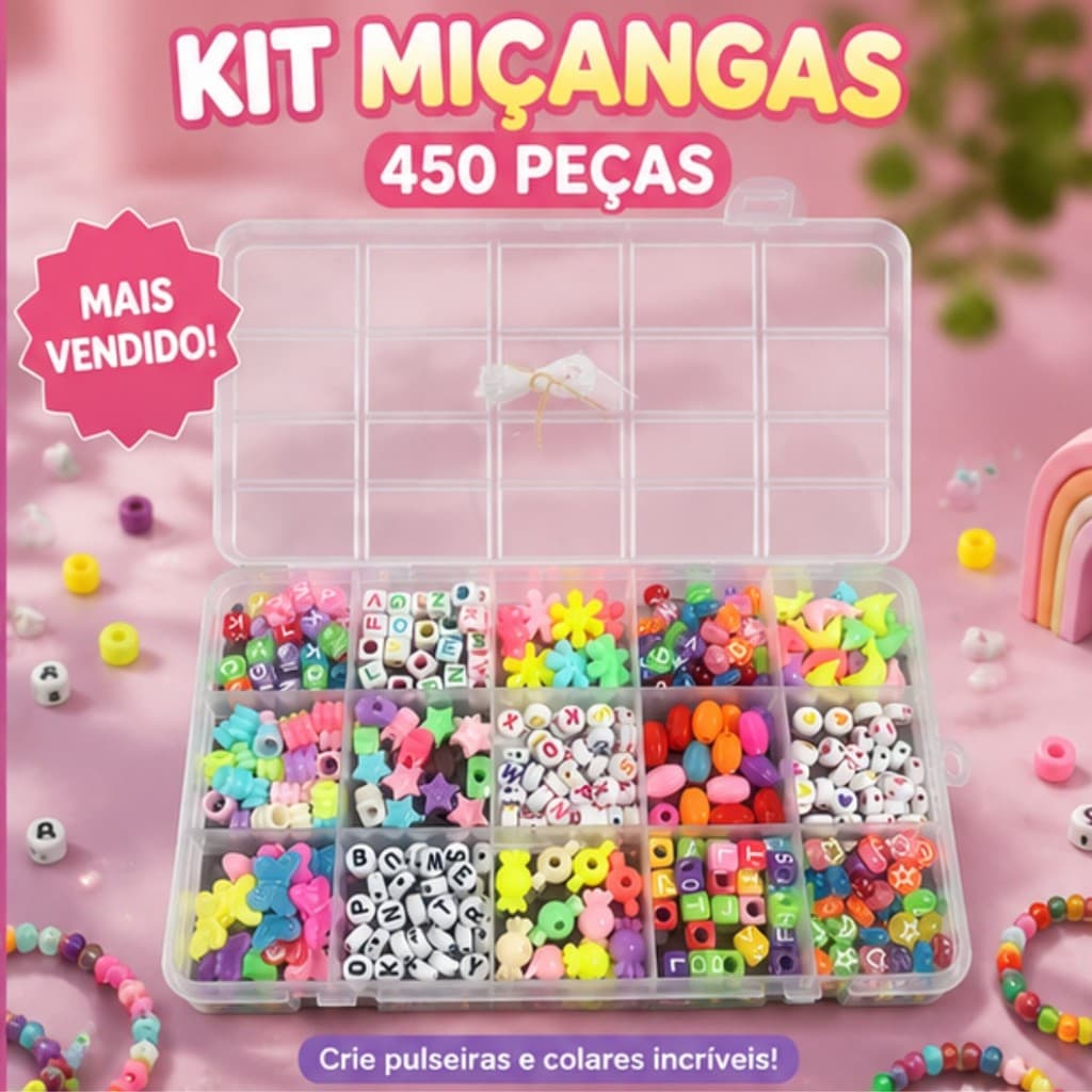 Kit Miçangas Infantil 450 Peças Com Maleta Para Pulseiras Colares Artesanato Criativo Crianças