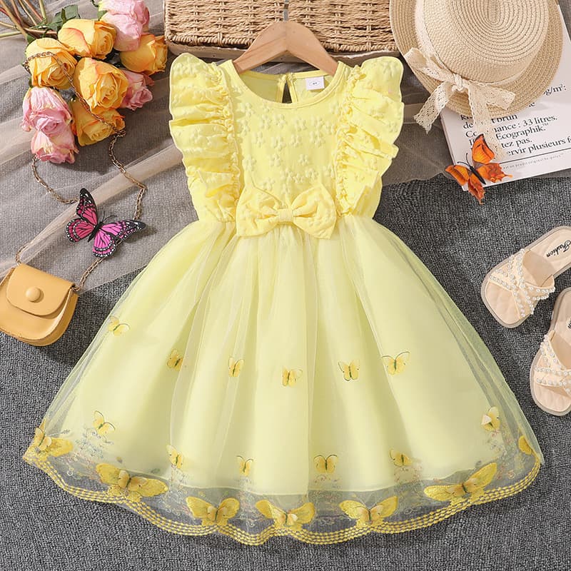 Vestido de Princesa Amarelo Fofo para Meninas, Sem Mangas, com Laço, Aplique de Flor Bordado, em Tule, Casual, para Fest