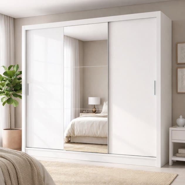 Guarda-Roupa Casal com Espelho 3 Portas de Correr e 4 Gavetas Plata Branco Branco