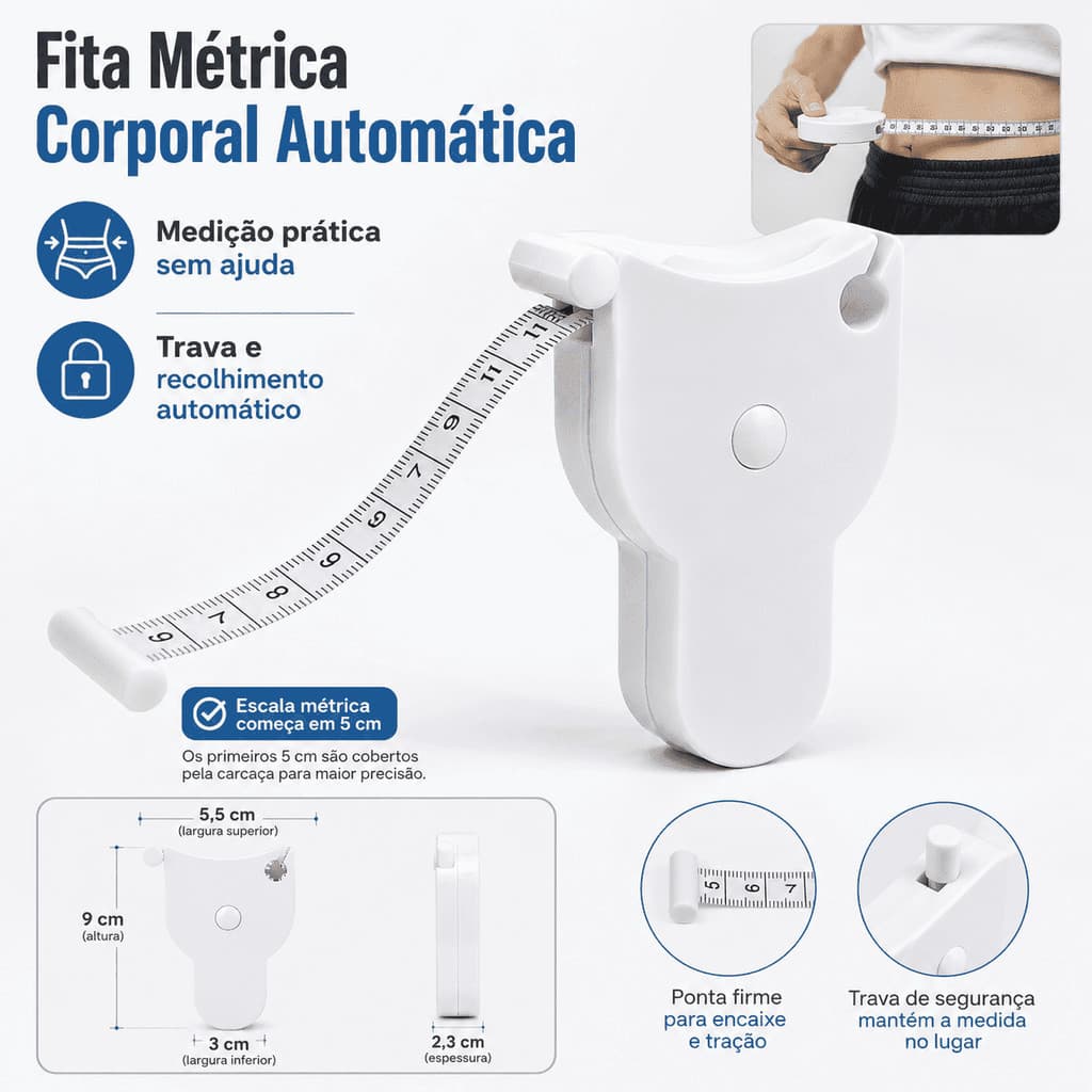 Fita Métrica Fitness Premium Corporal Automática Retrátil