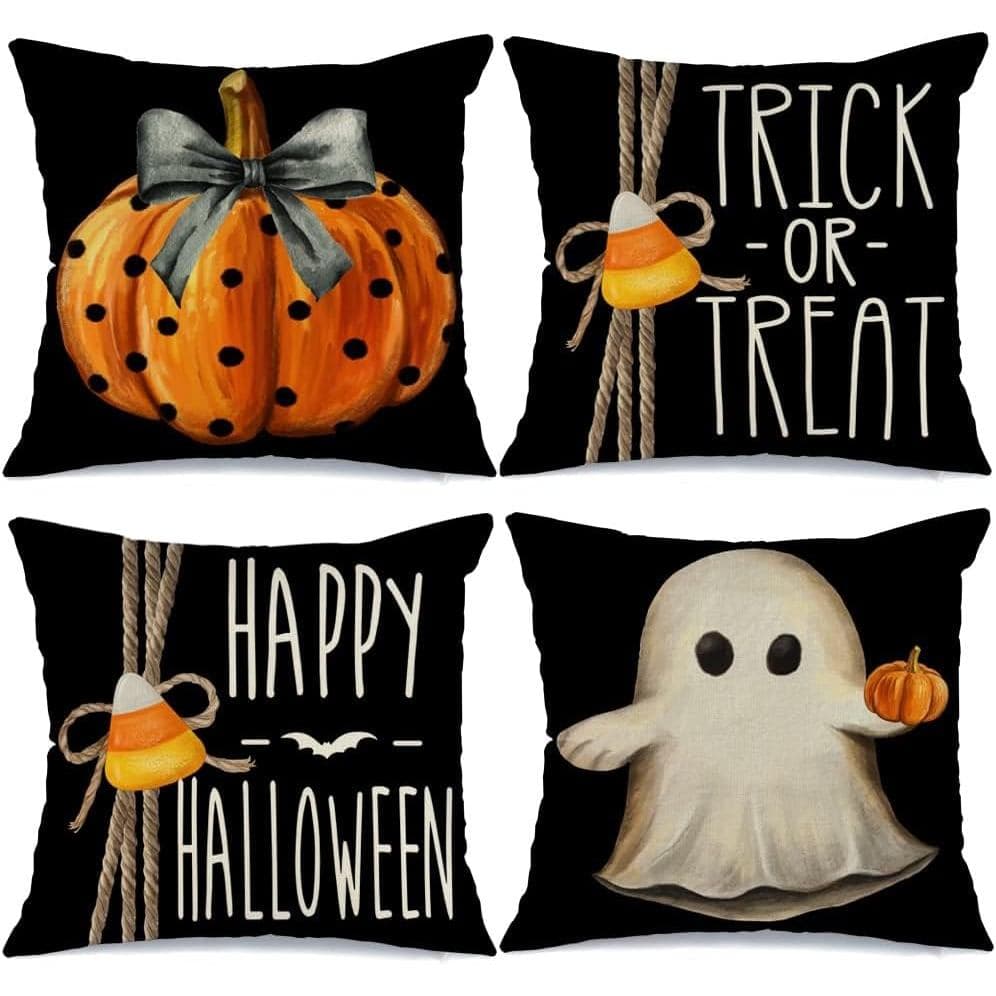 Capas de Almofada de Halloween GEEORY 18x18 polegadas, Conjunto de 4 Capas de Almofada Decorativas com Tema de Abóbora e