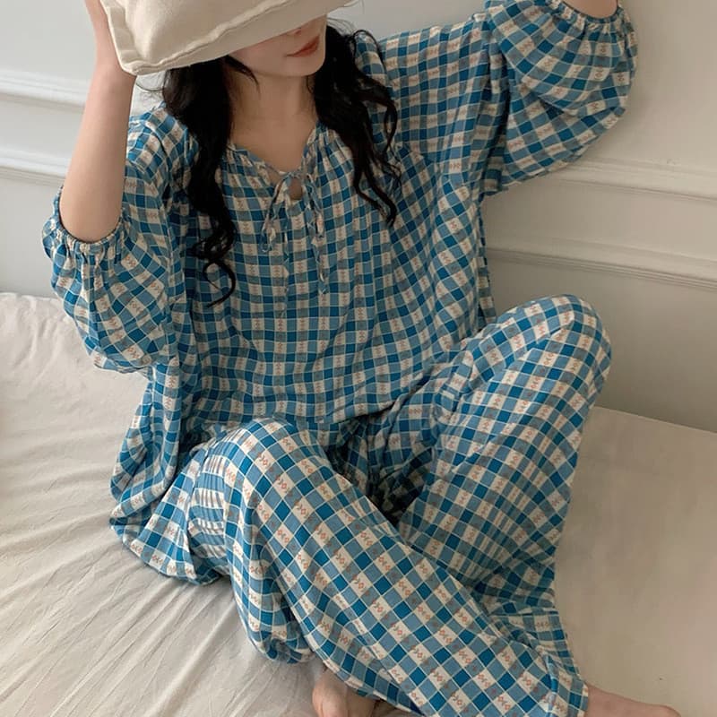Pijama de seda de algodão de manga comprida feminino solto tamanho grande algodão seda Loungewear terno estilo fino chin