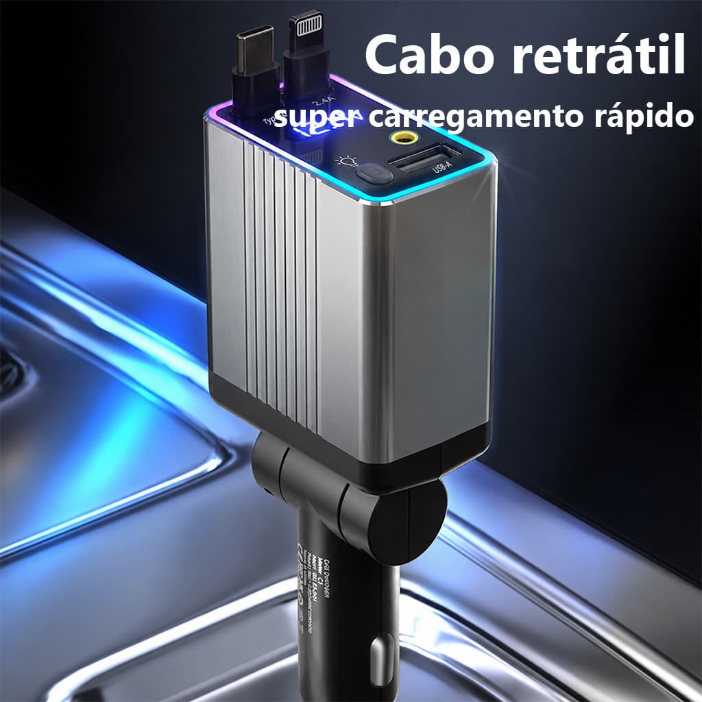 Carregador de carro retrátil carregador rápido de para carro 4 em 1 para iPhone/Android com luz LED--