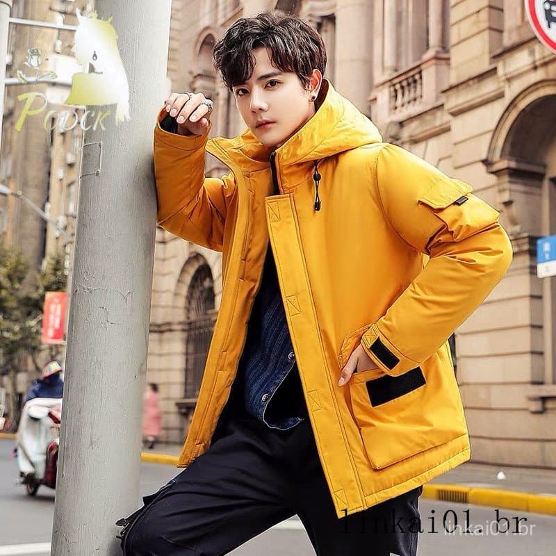 Jaqueta masculina adolescente, curta, espessada, inverno, com capuz, ferramentas, casual, estudante, roupas casuais de i