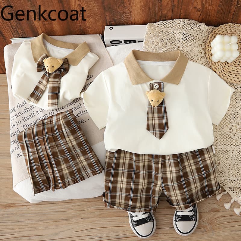 Crianças de manga curta moda terno 2026 novo estilo verão estilo ocidental estilo Preppy ocidental meninos menina