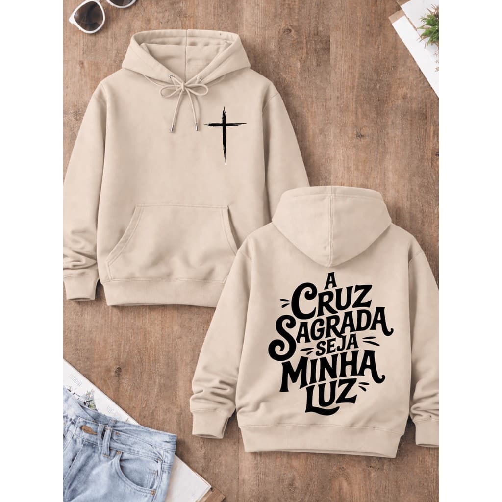 Blusa Moletom Canguru com Capuz Estampa Cristã A Cruz Sagrada Gospel Catolico Várias Cores