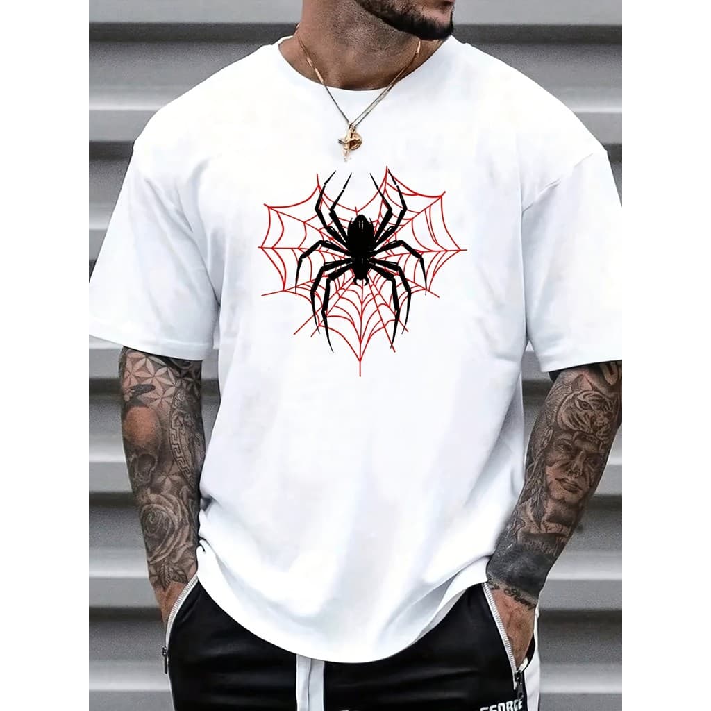 Camiseta Plus Size Masculina Algodão 100% Estampada Teia Vermelha e Aranhada Preta Manga Curta Verão Academia Treino