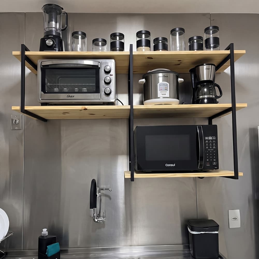 Prateleira Suspensa 120cm Suporte Microondas Forno Air Fryer Nicho Industrial  Metalon Madeira Pinus