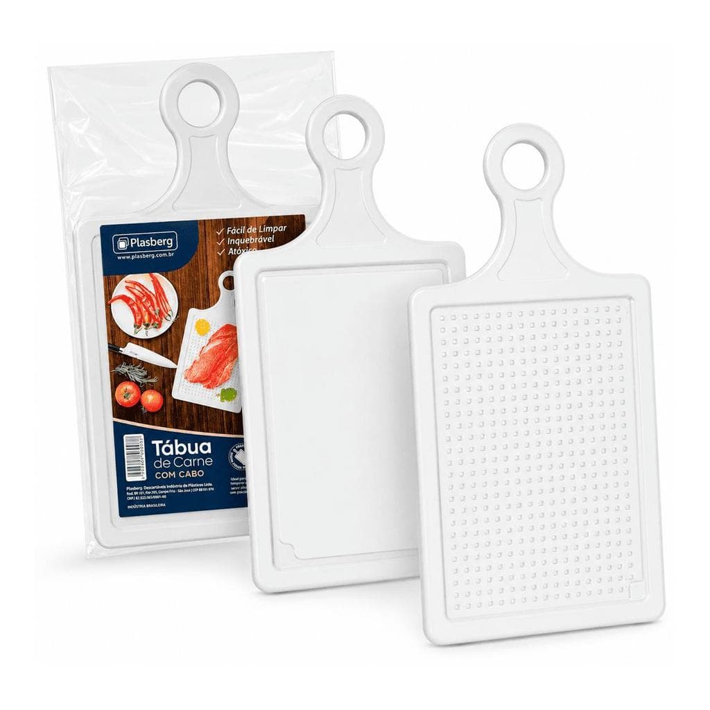 Tábua de Carne Plástica Plasberg 33 cm com Cabo Branca