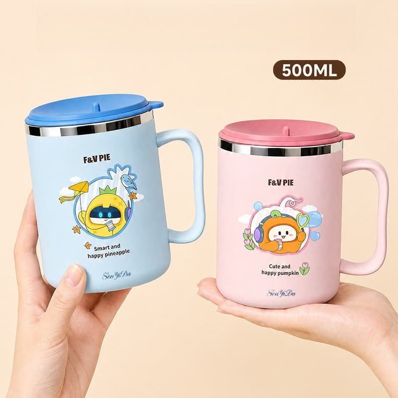 Caneca inox 500ml com alça e tampa, copo estampado com personagem fofo para escritório e casa