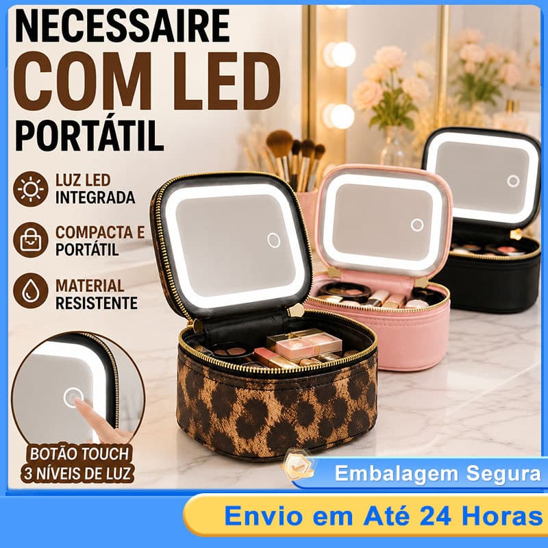 Bolsa Maquiagem Profissional com Espelho Led 3 Tons de Luz Maleta Organizadora de Cosméticos para Viagem