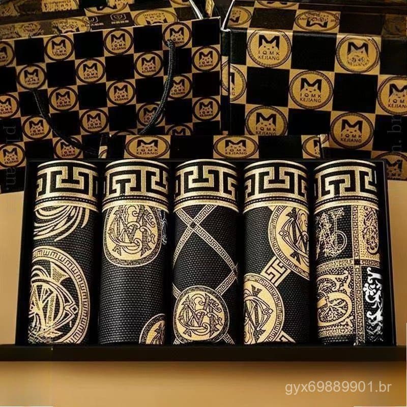 Roupa Íntima Masculina de Luxo, Alta Qualidade, Preto e Dourado, Moda Confortável, Boxers Respiráveis