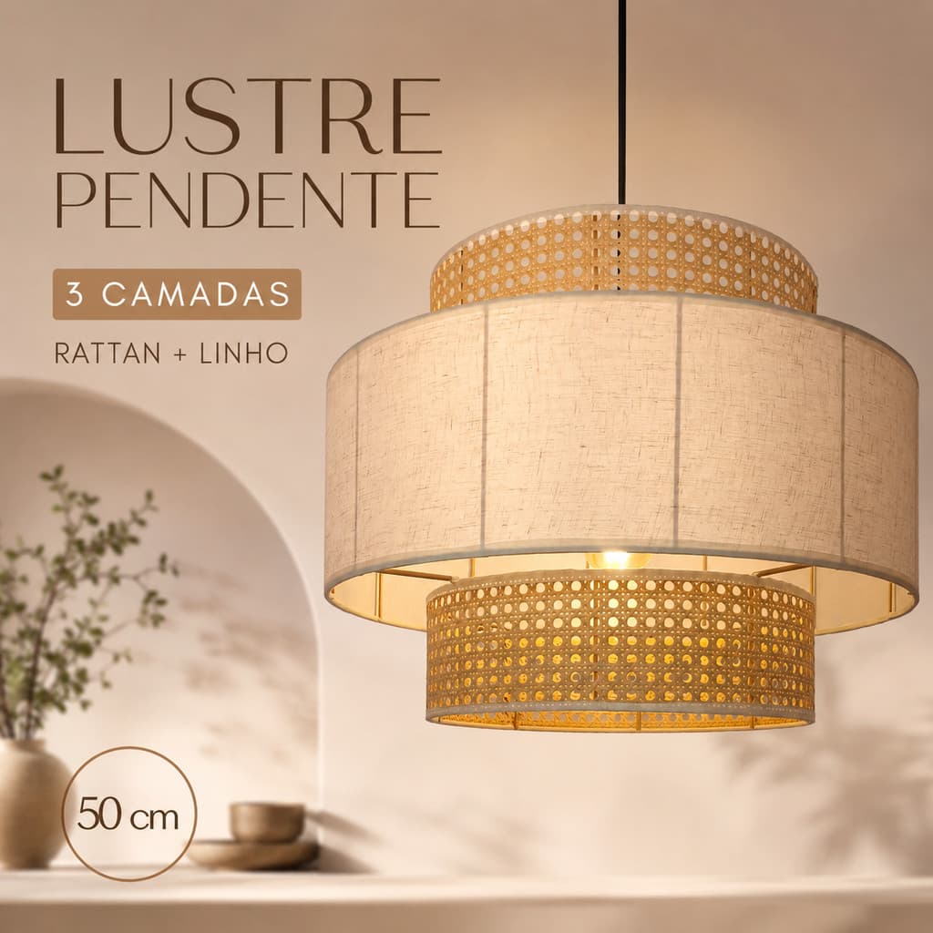 Pendente Rattan E Linho 3 Camadas 50cm Lustre Rustico Sala Jantar Quarto Boho Bivolt