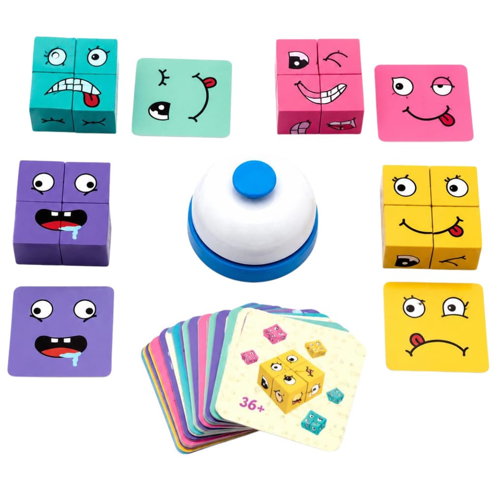 Jogo Cubo de Emoções Cara Careta com Sineta | Quebra-Cabeça Educativo Infantil de Raciocínio e Agilidade
