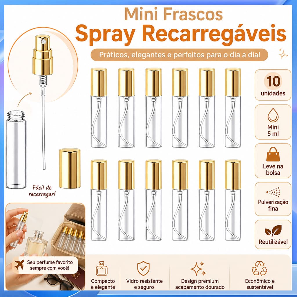 10 Pcs 5ml Golden Sprinkler Vidro Perfume Sub-engarrafamento Recarregável Mini Frasco Spray