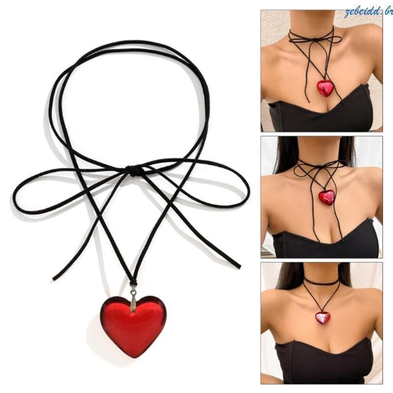 zebeidd Goth Preto Veludo Grande Coração Pingente Gargantilha Colar Para Mulheres Elegante Tecer Atado Bowknot Corrente