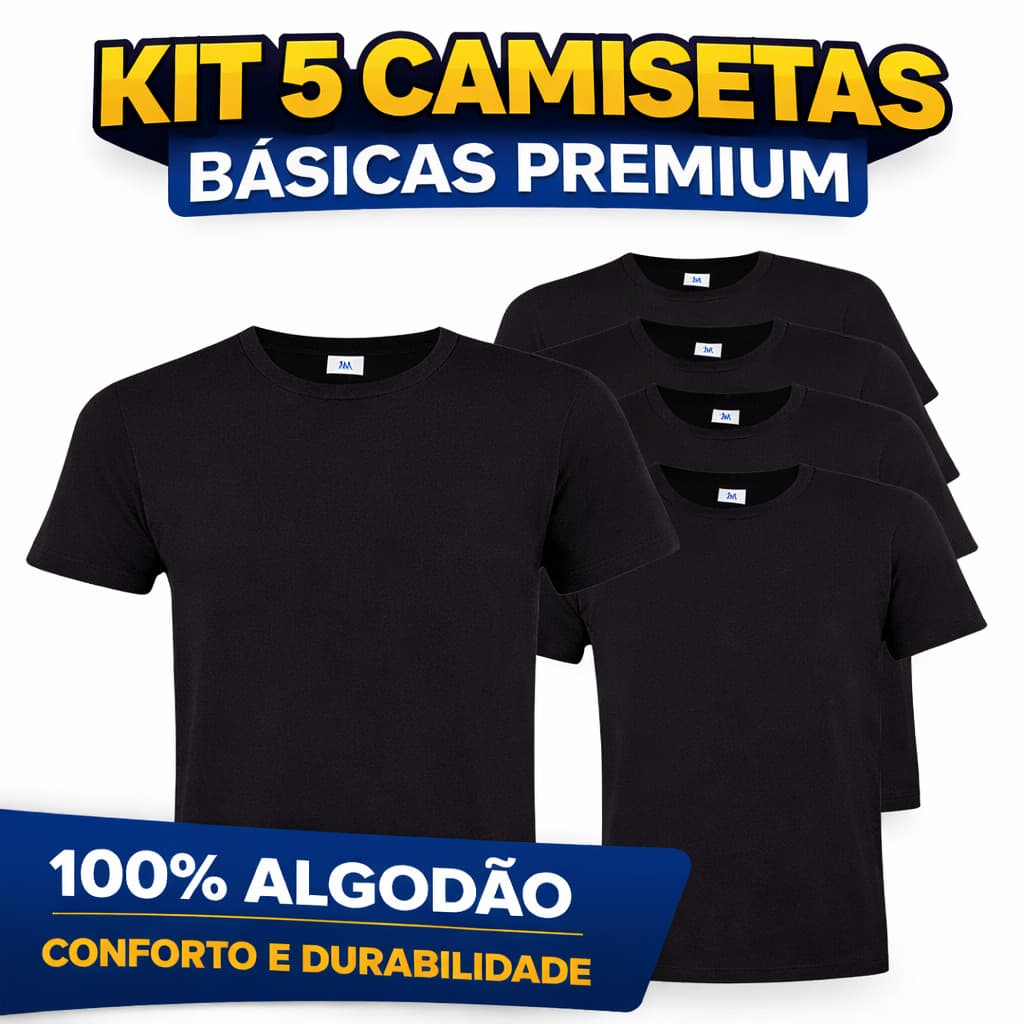Kit 5 Camisetas Masculinas Pretas Lisas Malha Premium 100% Algodão Dia a Dia