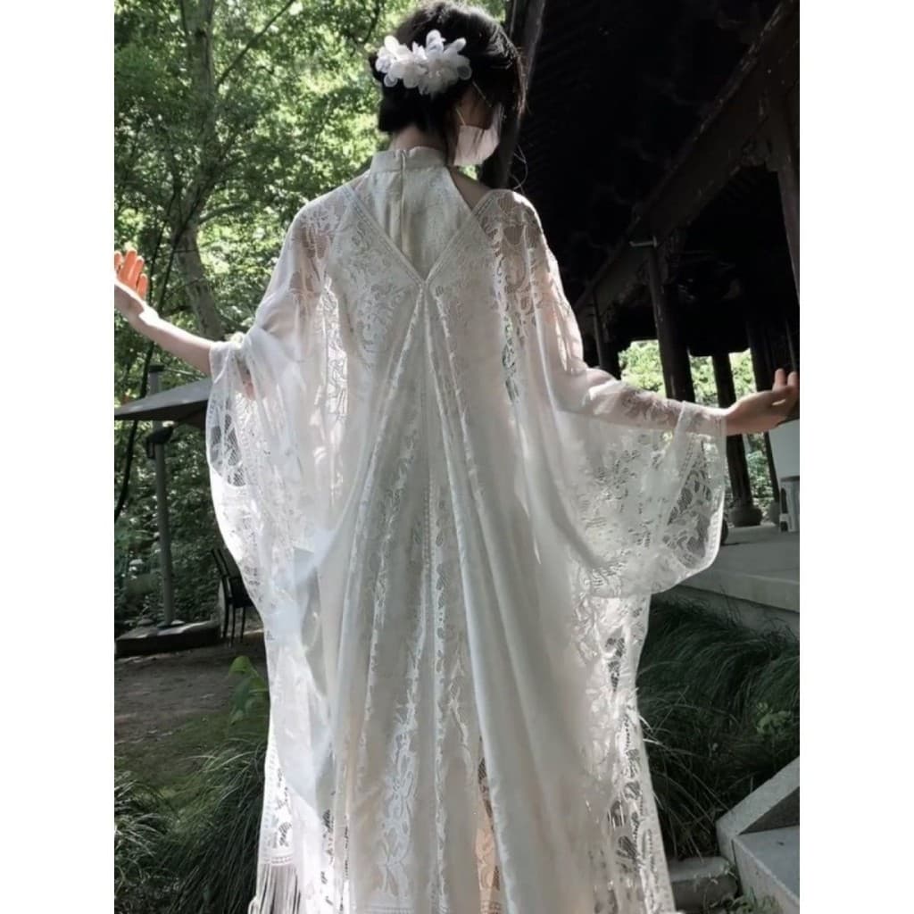 Novo estilo chinês renda borla protetor solar xale feminino verão com saia Cheongsam blusa externa solta respirável card