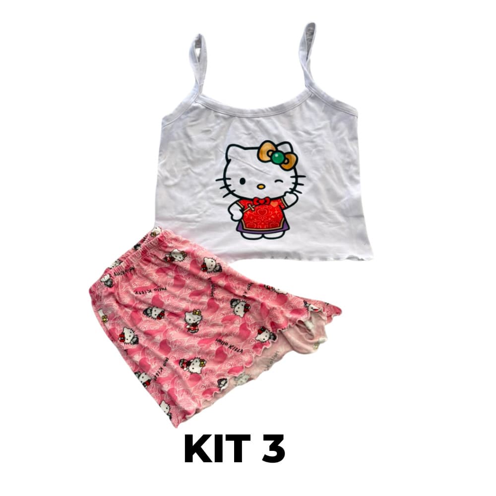 Kit 3 Pijama Feminino Cropped de Alcinha e Shortinho Personagens Macio e Confortável