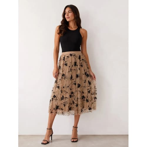 Saia Midi Feminina Tule Plissada Bordado Floral Cós Elástico Elegante