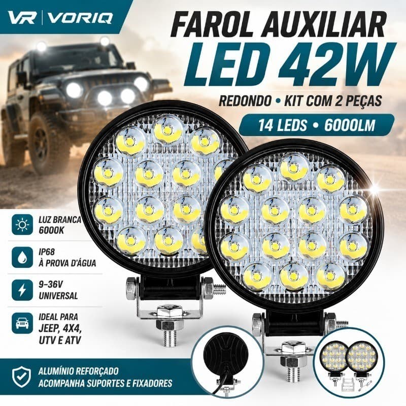 Kit 2 Farol Led Redondo Milha Auxiliar 42w 14 Leds Carro Jeep 12v/24v Off-Road 6000k Universal