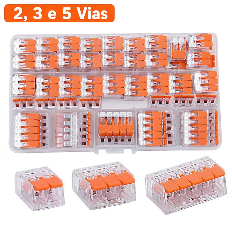 Conector Elétrico Compacto 2/3/5 Vias Kit 90 Peças Para Emenda Derivação De Fios 4mm² 6mm²