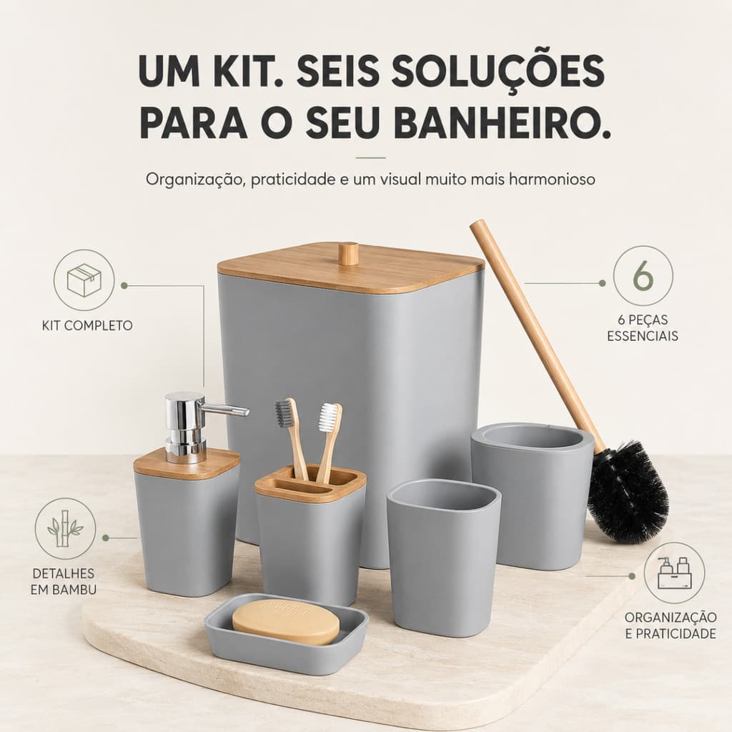 Kit Completo Para Banheiro Em Plástico 6 Peças Com Detalhes Cor Bambu